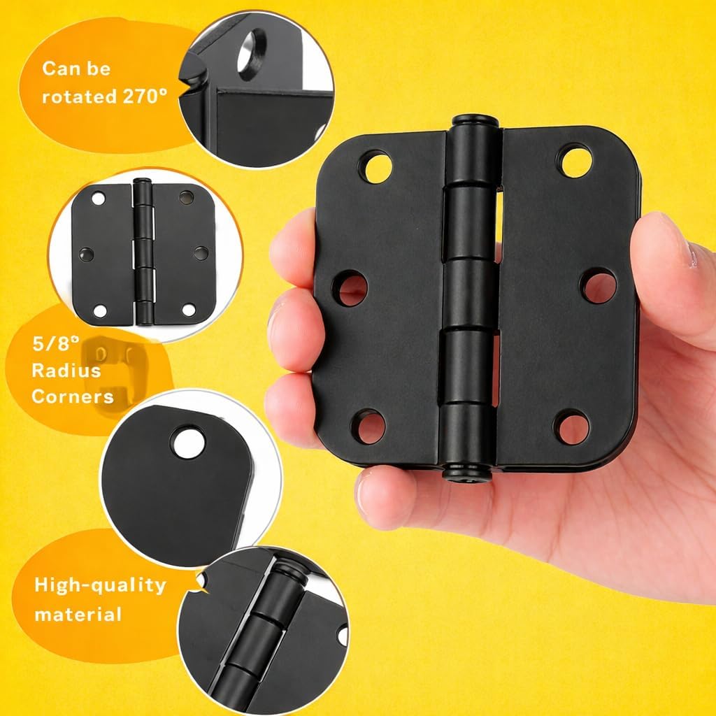 Door Hinges 3.5 Inch Rounded Matte Black 5/8" Radius Interior Flat Iron Bifold Residential Standard Bedroom Indoor Hardware  (2 Pcs)